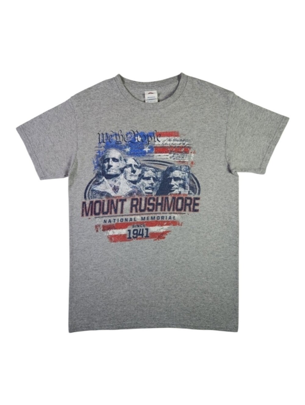 Y2K Mount Rushmore Flag Graphic Tee Patriotic Stars Stripes Small Gray Travel